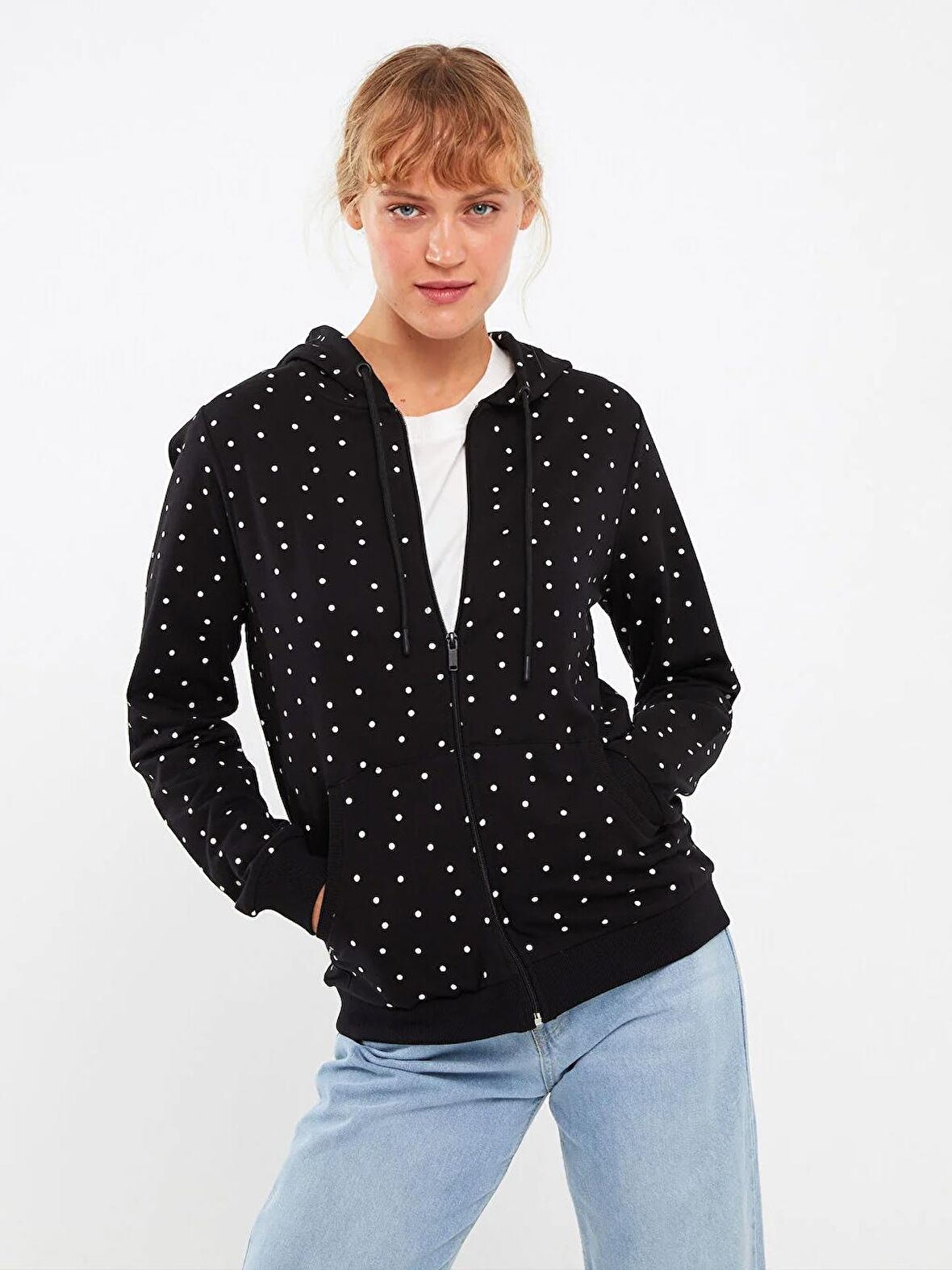 Kapüşonlu Puantiyeli Uzun Kollu Kadın Spor Hırka