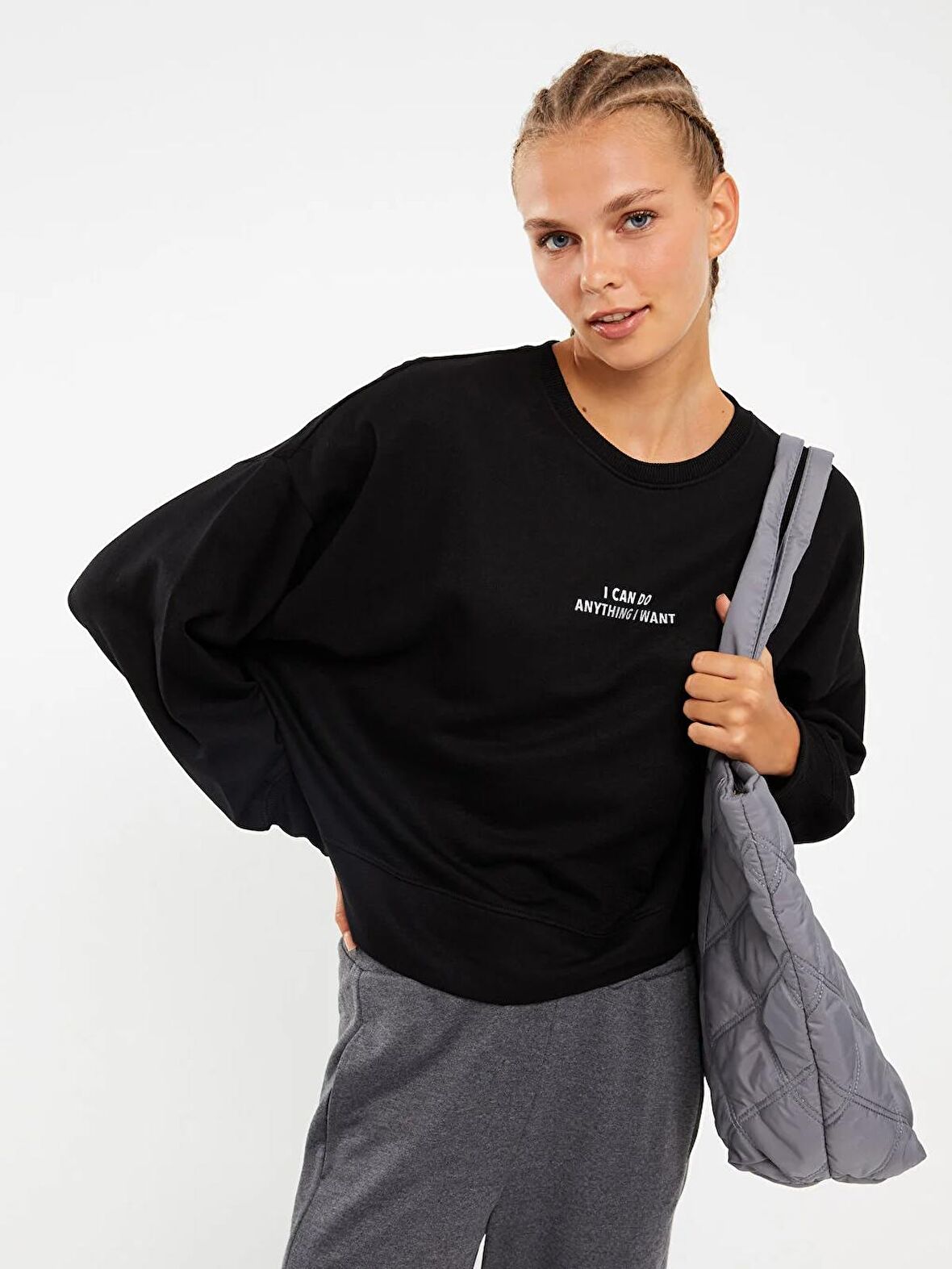 Bisiklet Yaka Baskılı Uzun Kollu Kadın Sweatshirt