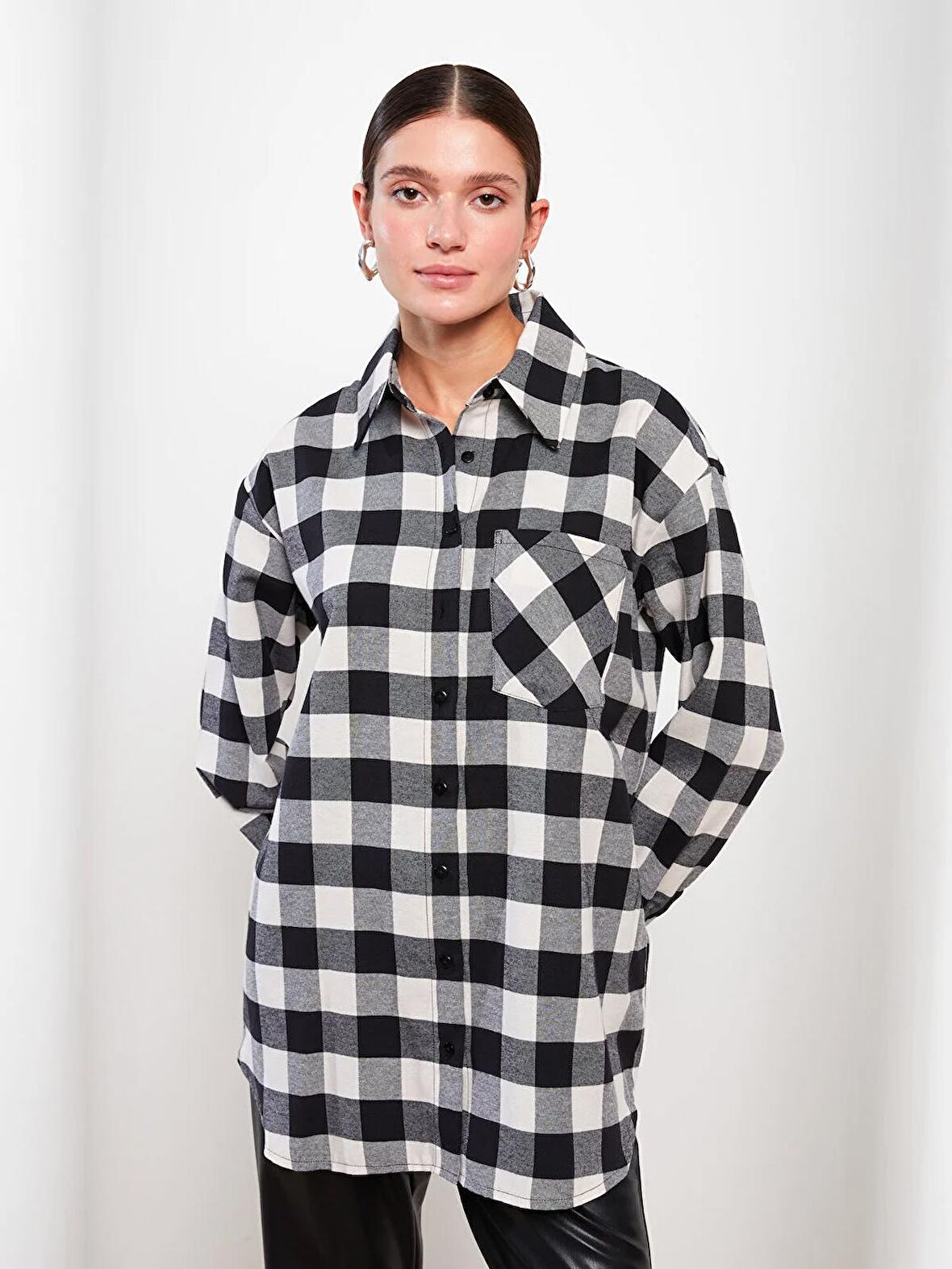Ekose Uzun Kollu Oversize Kadın Gömlek Tunik