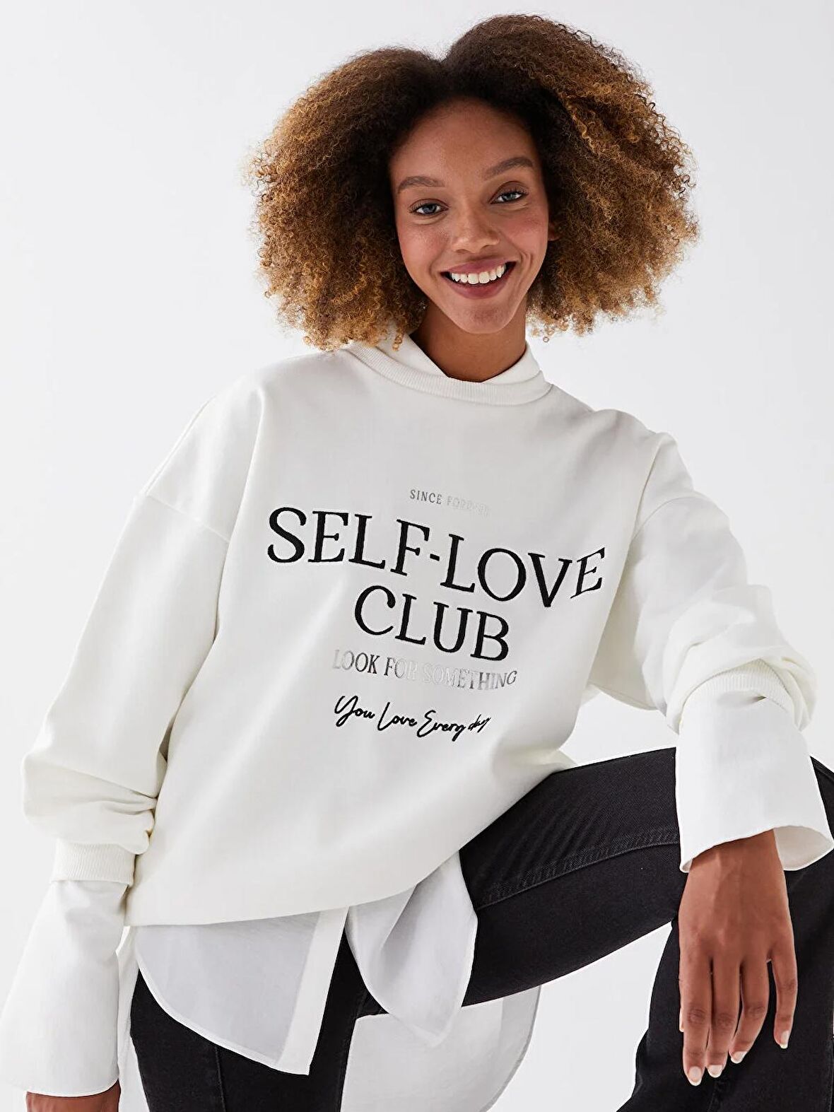 Bisiklet Yaka Baskılı Uzun Kollu Kadın Sweatshirt
