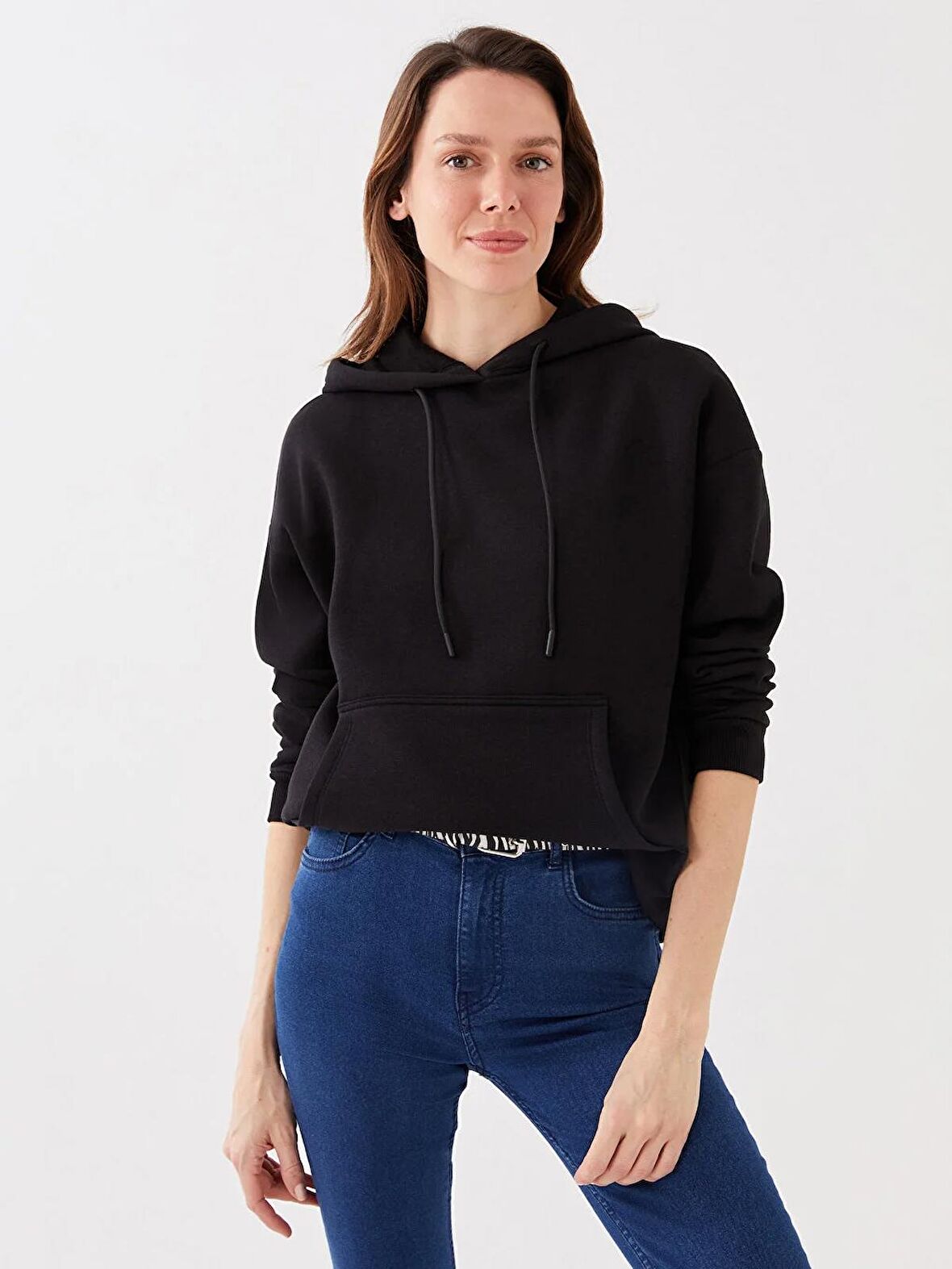 Kapüşonlu Düz Uzun Kollu Kadın Sweatshirt