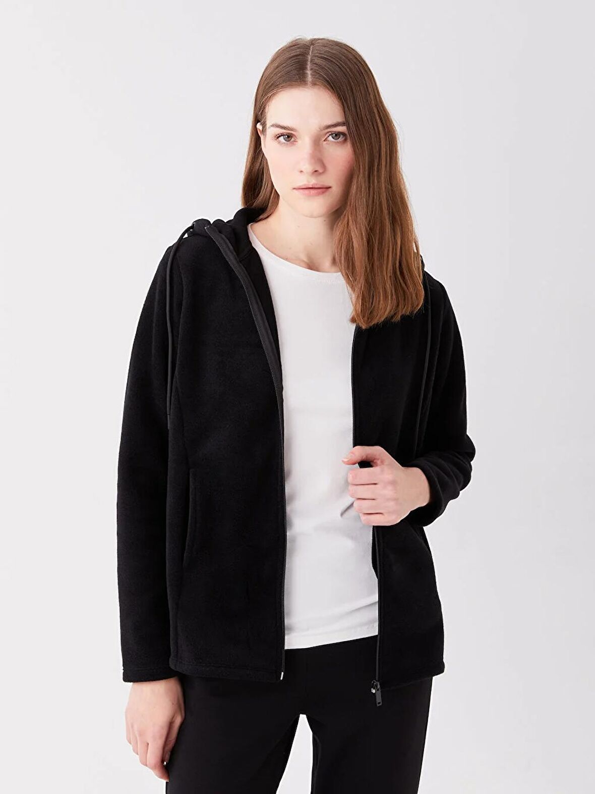 Kapüşonlu Düz Uzun Kollu Kadın Fermuarlı Sweatshirt