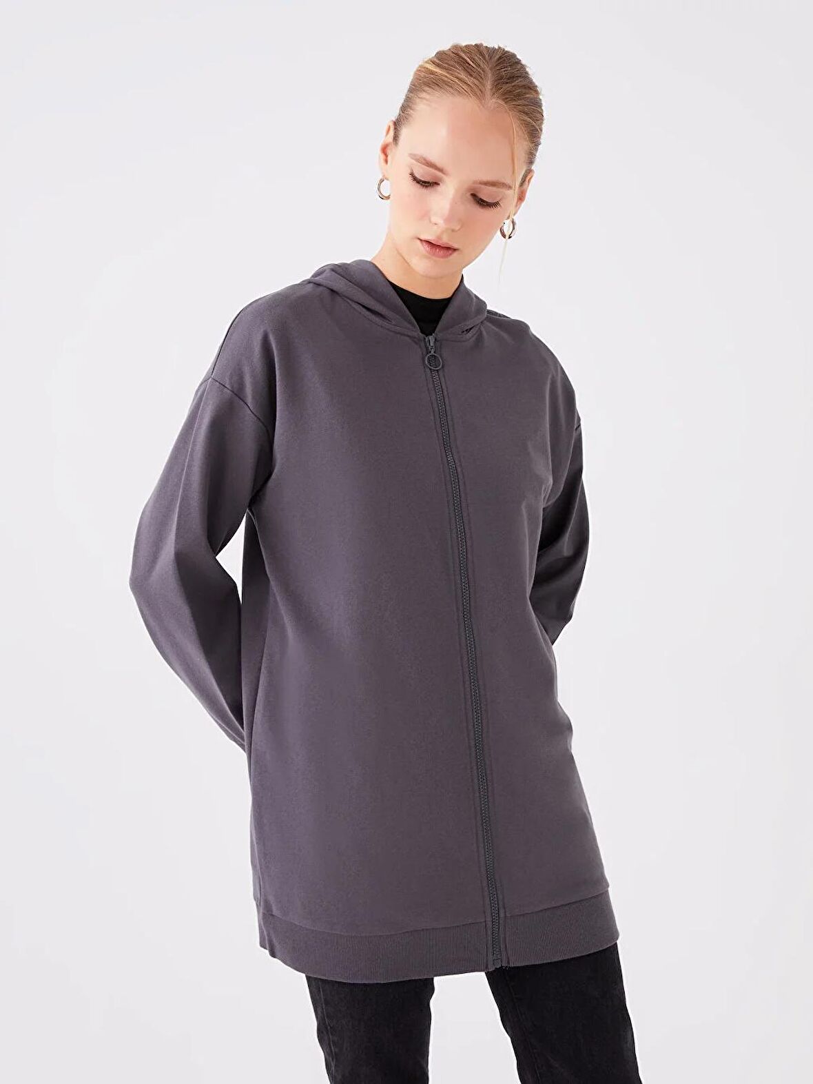 Kapüşonlu Oversize Kadın Fermuarlı Sweatshirt