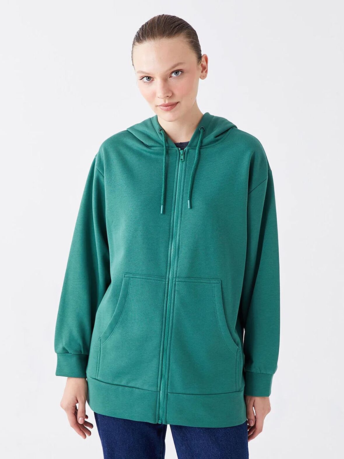 Kapüşonlu Düz Oversize Kadın Fermuarlı Sweatshirt