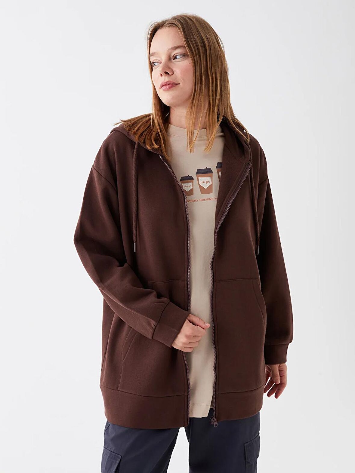 Kapüşonlu Düz Oversize Kadın Fermuarlı Sweatshirt