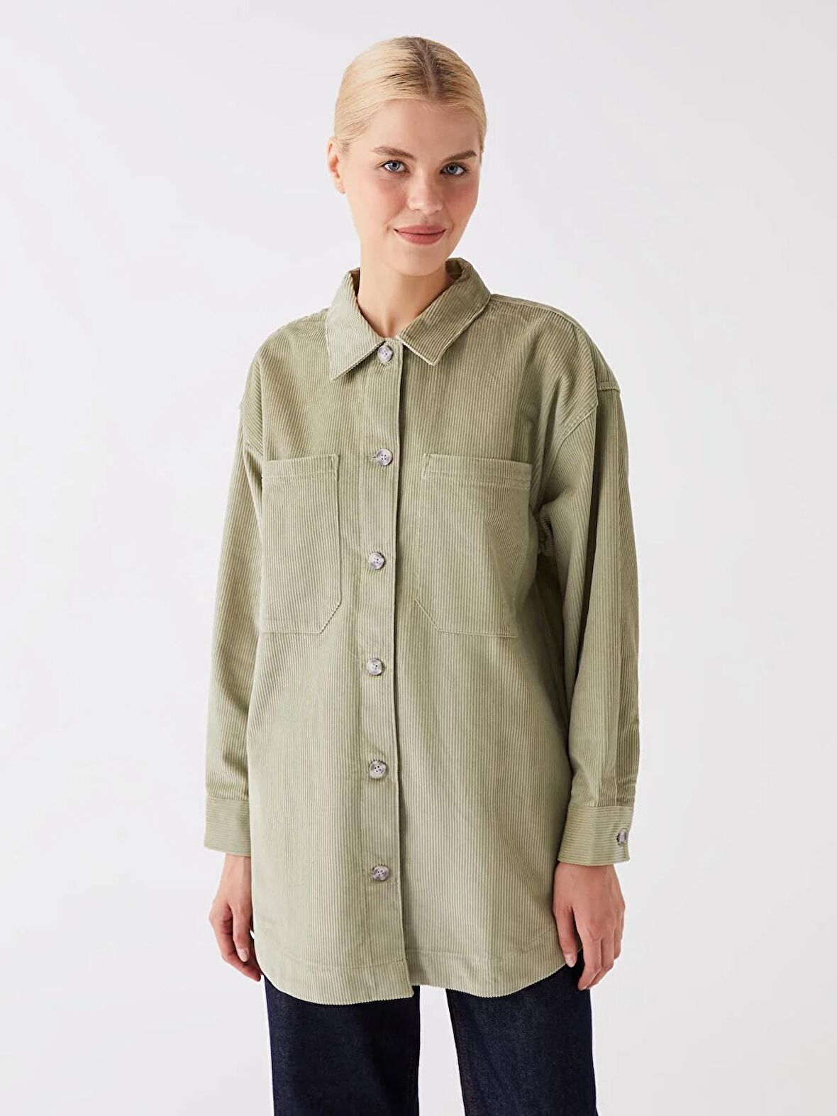 Düz Uzun Kollu Oversize Kadife Kadın Gömlek Tunik