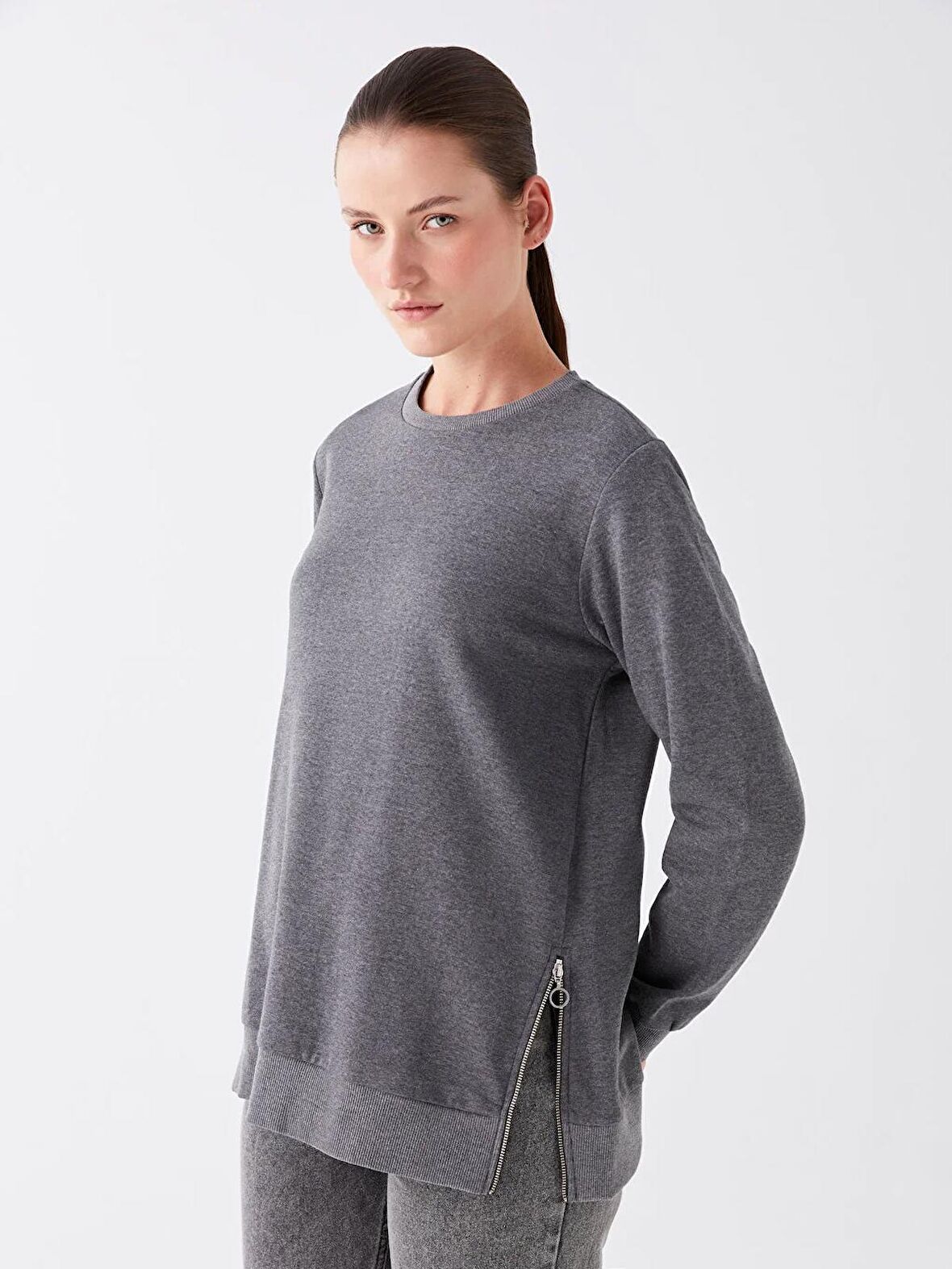 Bisiklet Yaka Düz Uzun Kollu Kadın Sweatshirt
