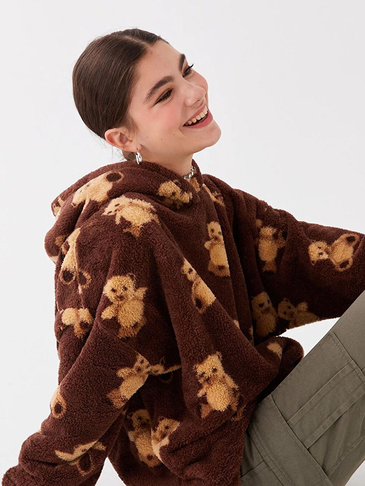 Baskılı Uzun Kollu Oversize Kadın Pelüş Hoodie