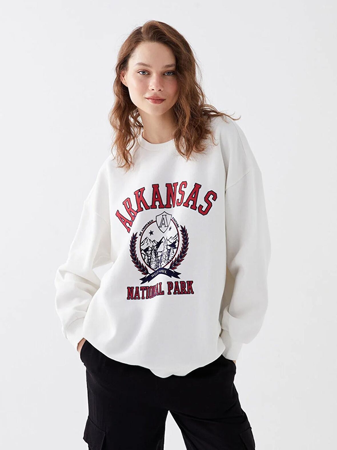 Bisiklet Yaka Baskılı Uzun Kollu Oversize Kadın Sweatshirt