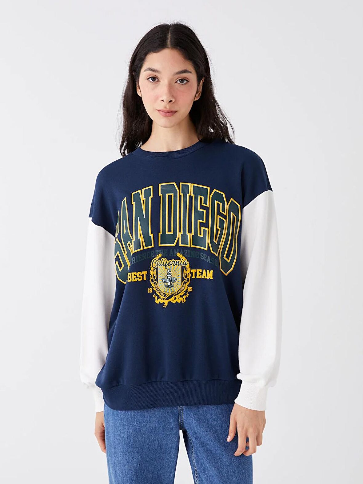 Bisiklet Yaka Baskılı Uzun Kollu Oversize Kadın Sweatshirt