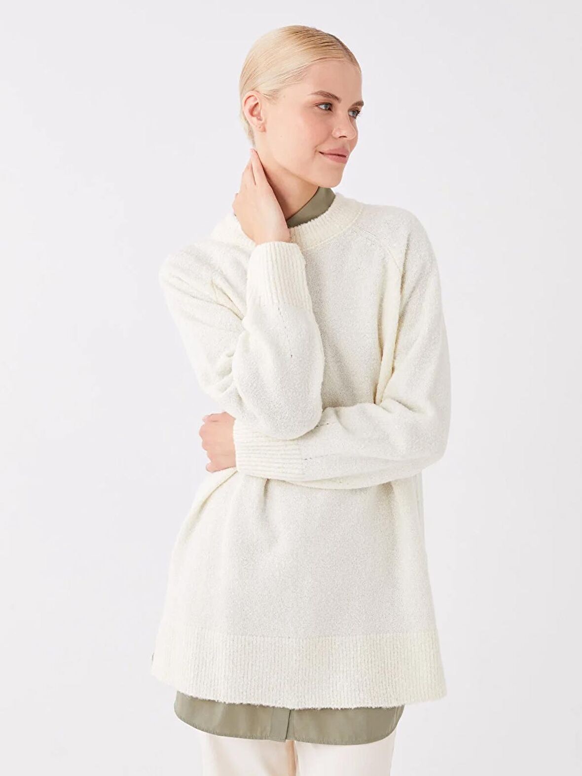 Bisiklet Yaka Düz Uzun Kollu Oversize Kadın Triko Kazak