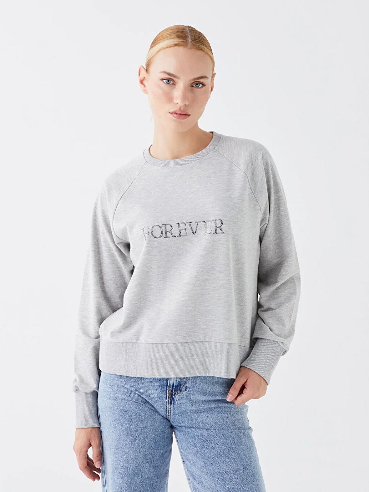 Bisiklet Yaka Baskılı Uzun Kollu Oversize Kadın Sweatshirt