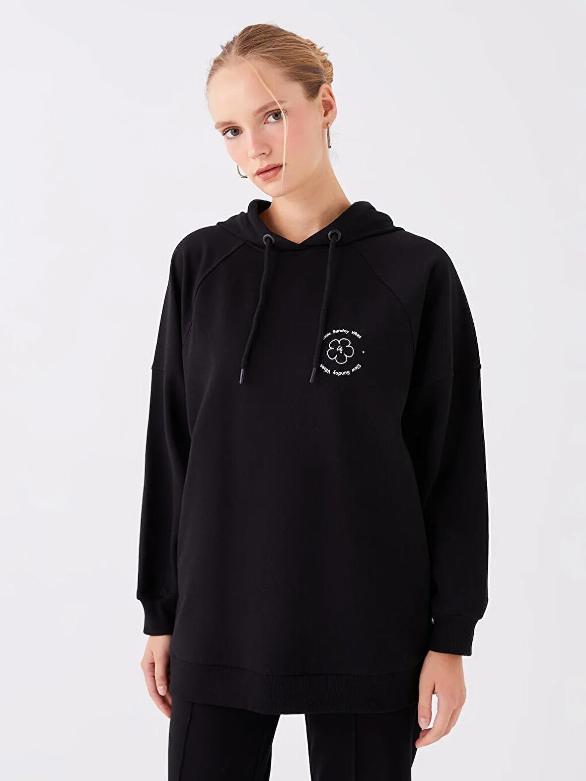 Kapüşonlu Baskılı Oversize Kadın Sweatshirt Tunik