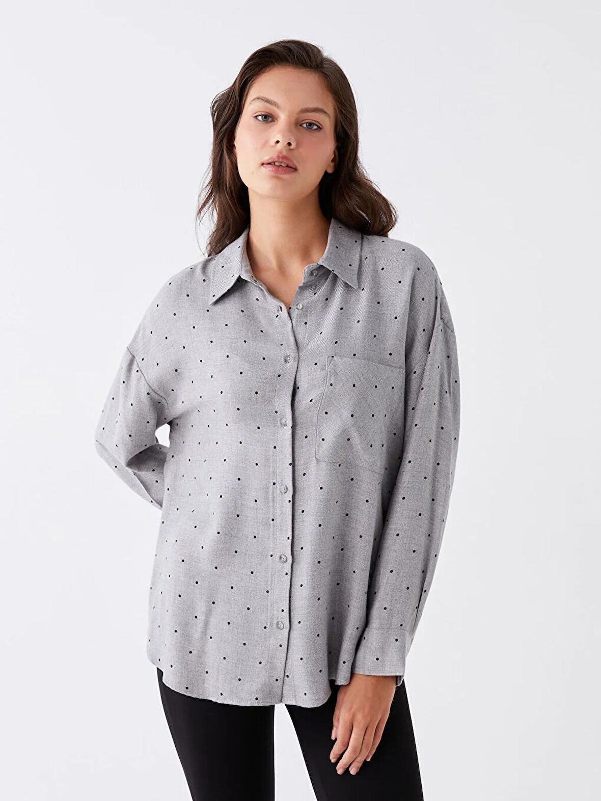 Puantiyeli Uzun Kollu Oversize Kadın Gömlek