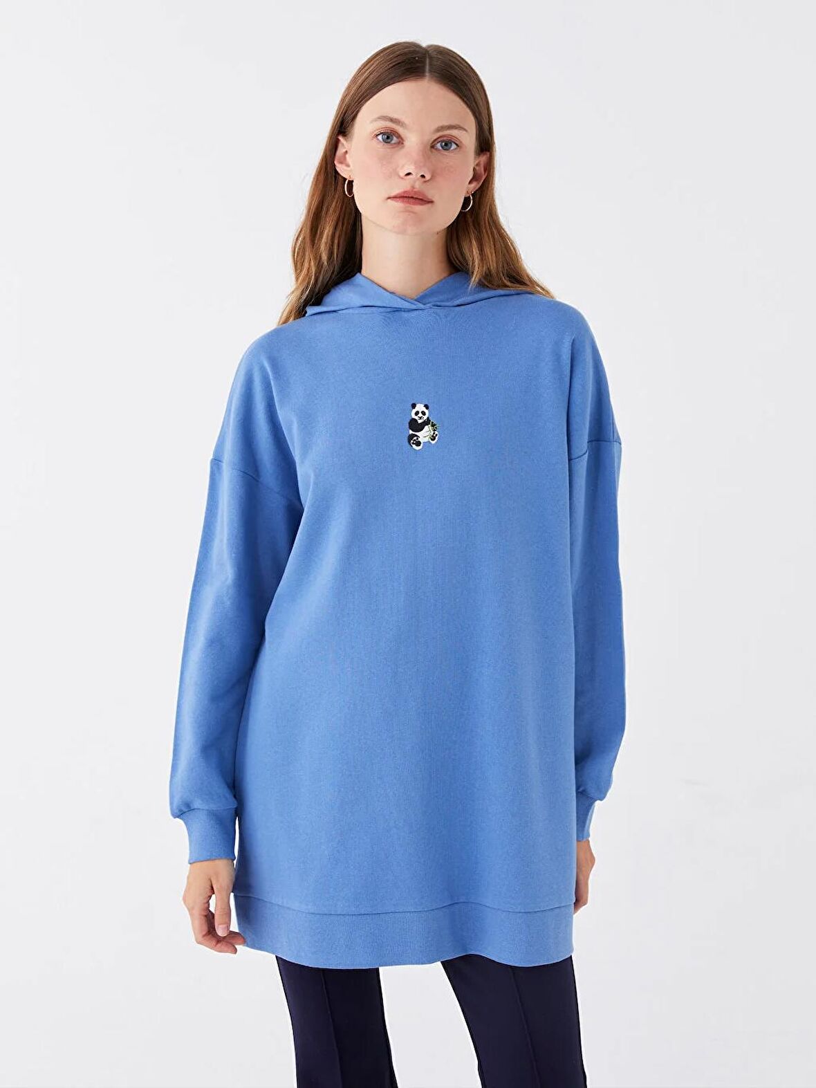 Kapüşonlu Nakışlı Uzun Kollu Kadın Sweatshirt Tunik