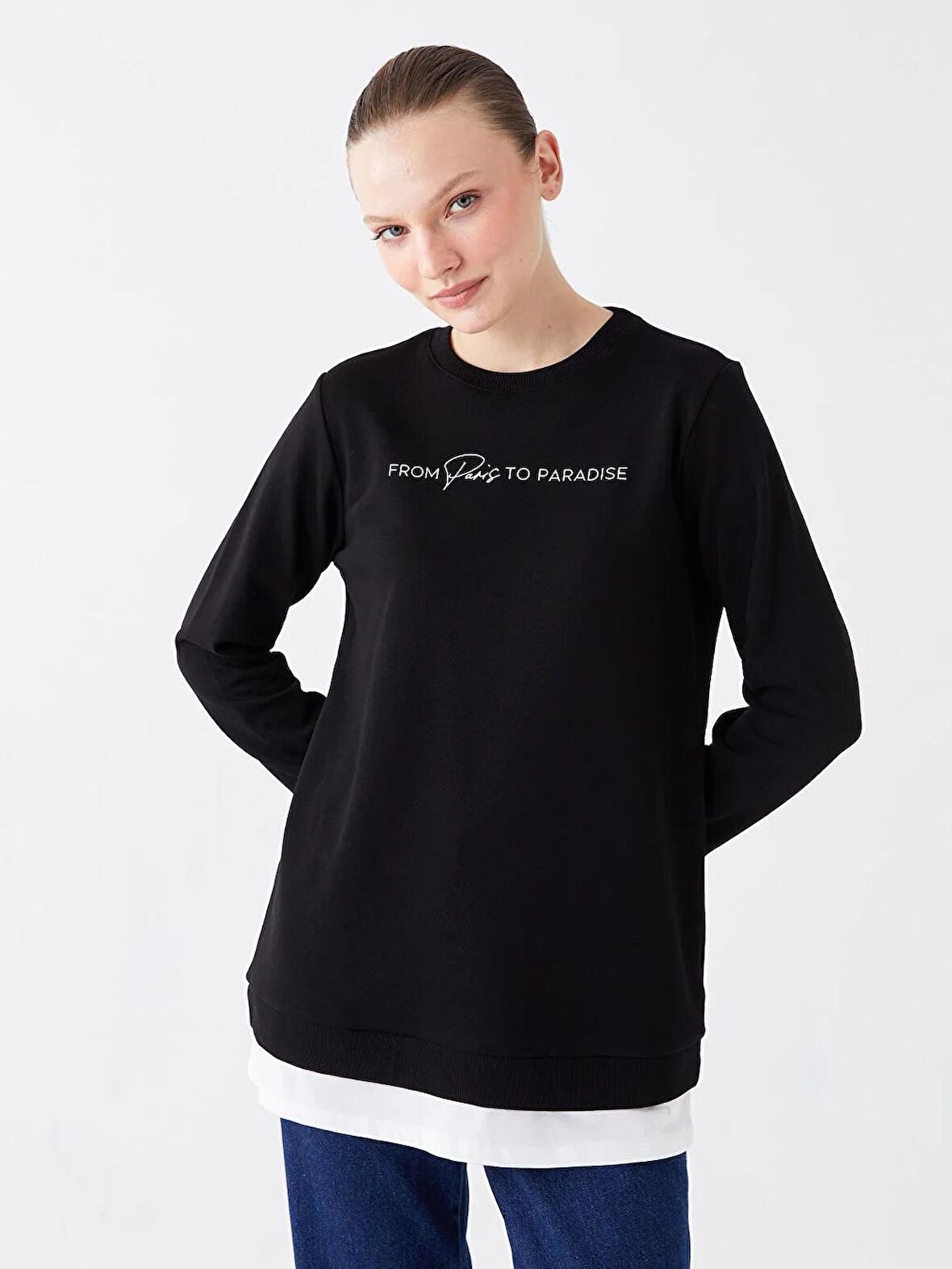 Bisiklet Yaka Baskılı Uzun Kollu Kadın Sweatshirt Tunik