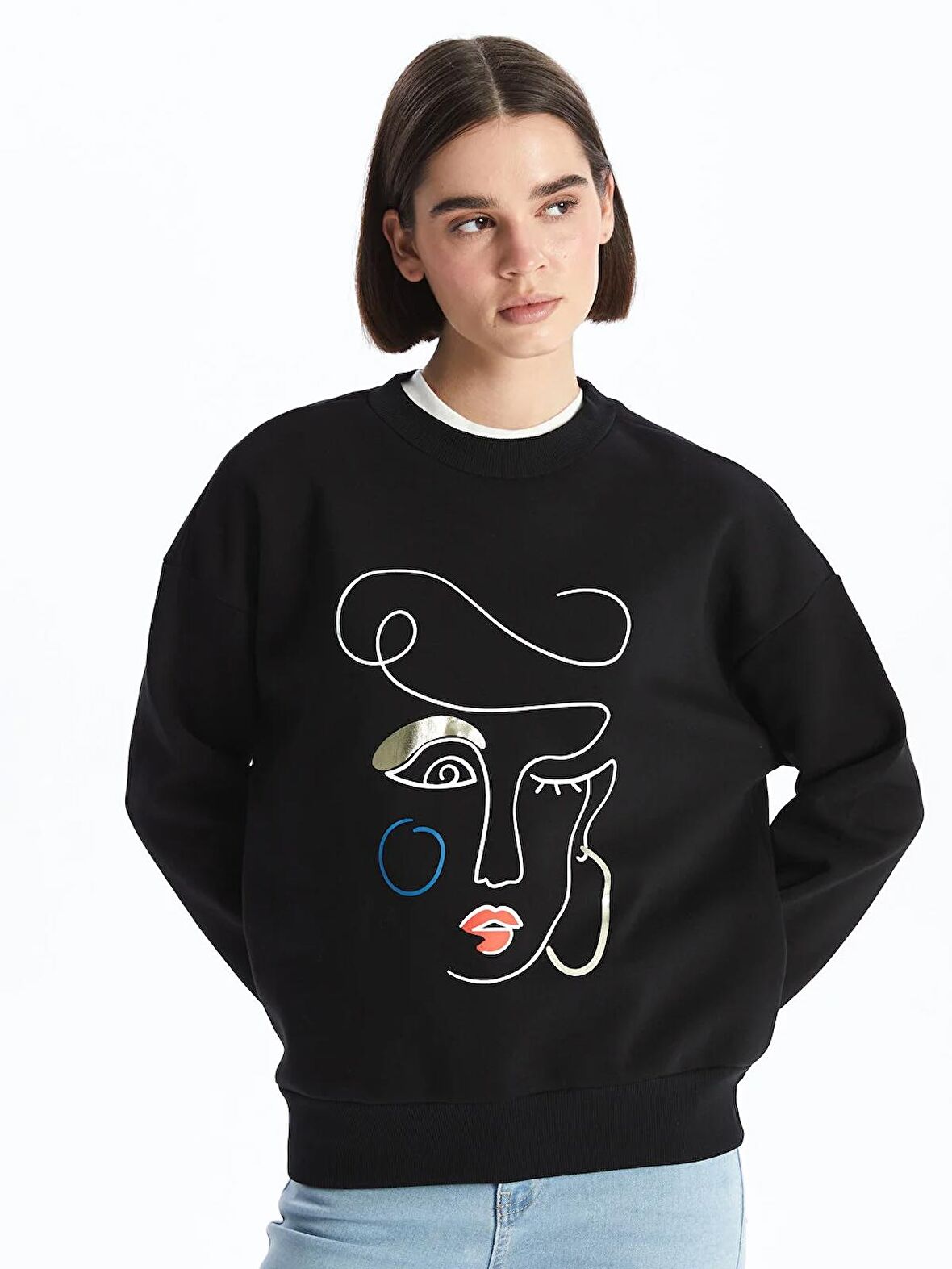 Bisiklet Yaka Baskılı Uzun Kollu Oversize Kadın Sweatshirt