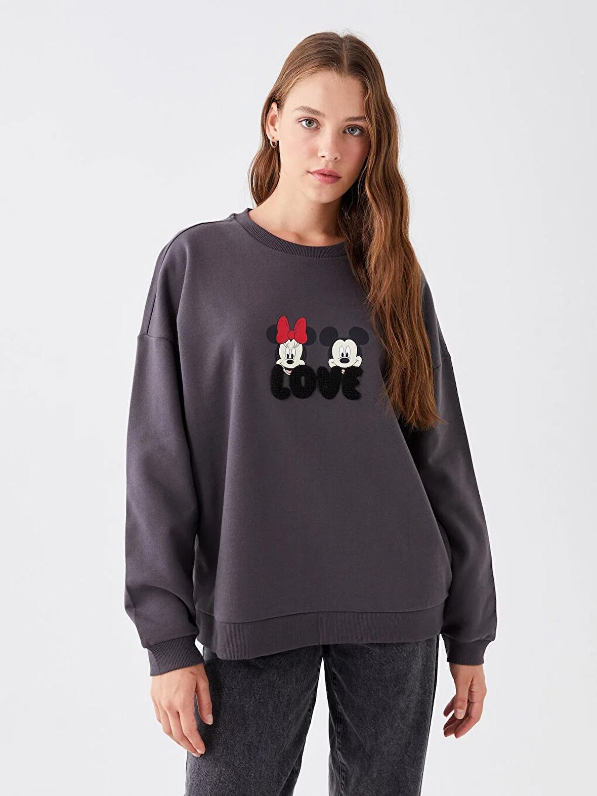 Bisiklet Yaka Disney Baskılı Uzun Kollu Kadın Sweatshirt Anne Kız Kombini
