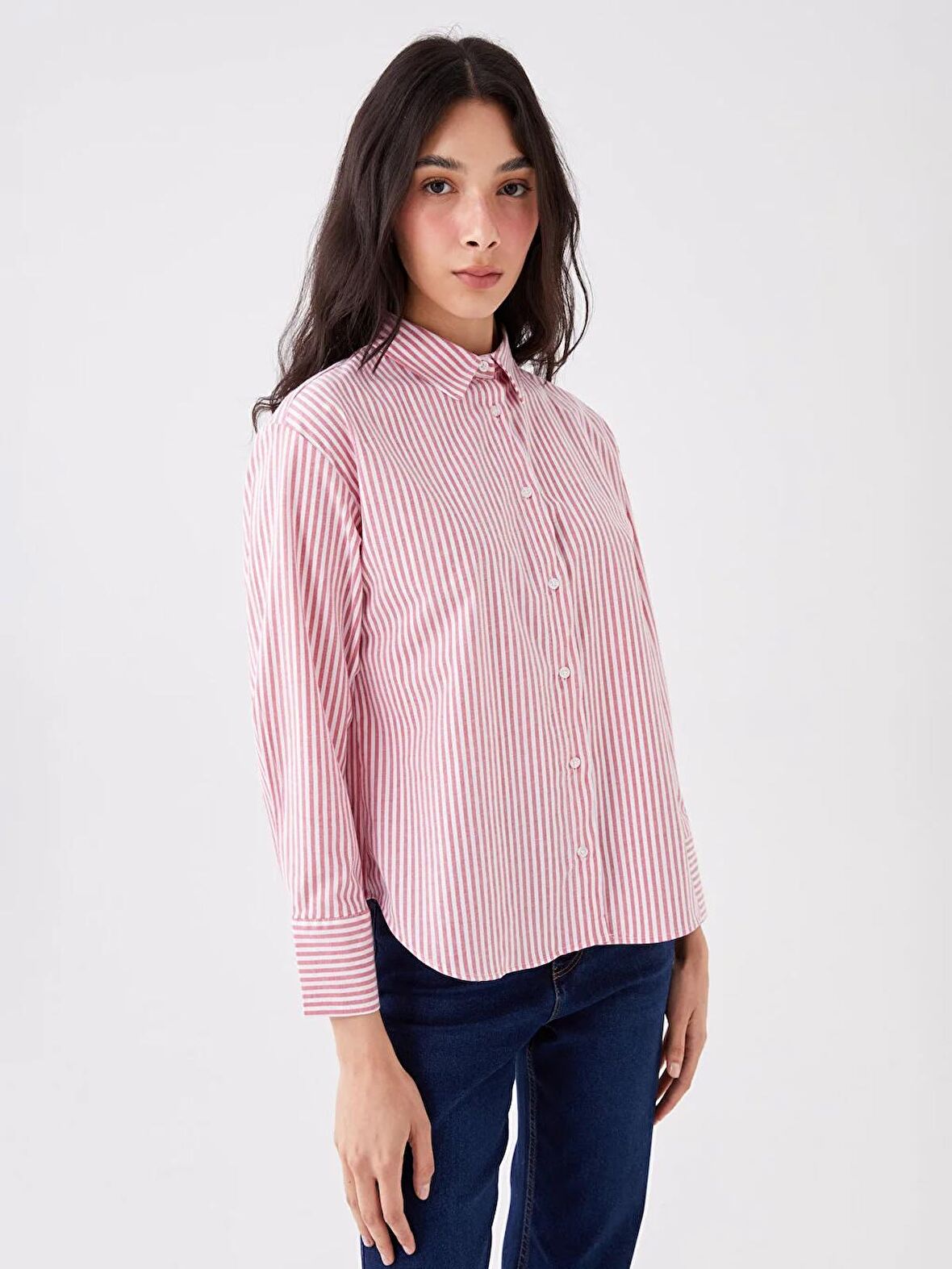 Çizgili Uzun Kollu Oversize Poplin Kadın Gömlek