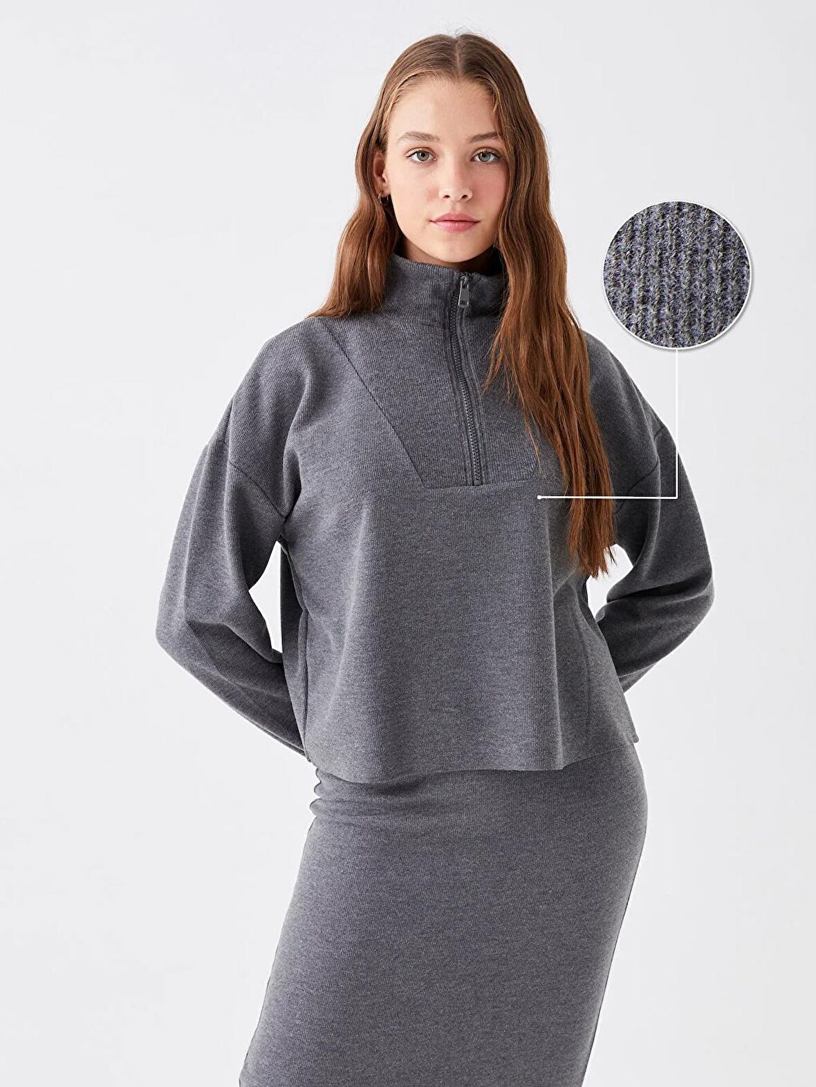 Dik Yaka Düz Uzun Kollu Oversize Kadın Triko Kazak