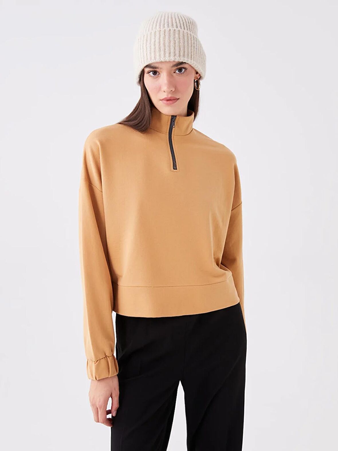 Dik Yaka Düz Uzun Kollu Crop Kadın Sweatshirt