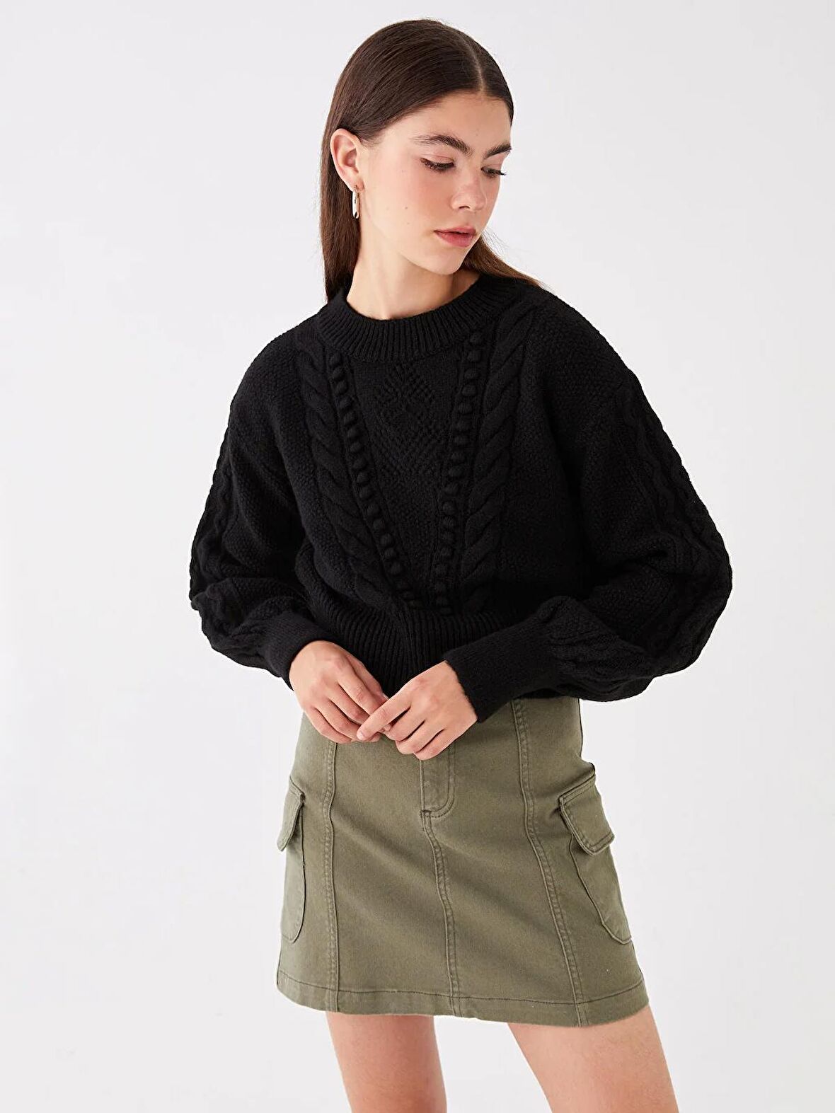 Bisiklet Yaka Kendinden Desenli Uzun Kollu Kadın Triko Kazak