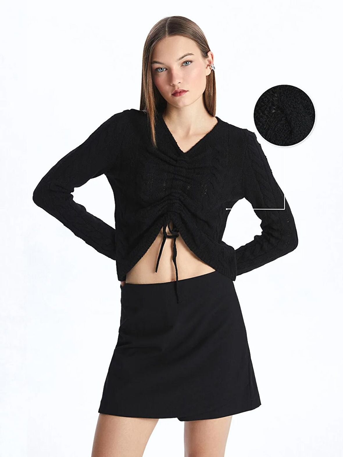 V Yaka Kendinden Desenli Uzun Kollu Kadın Triko Kazak