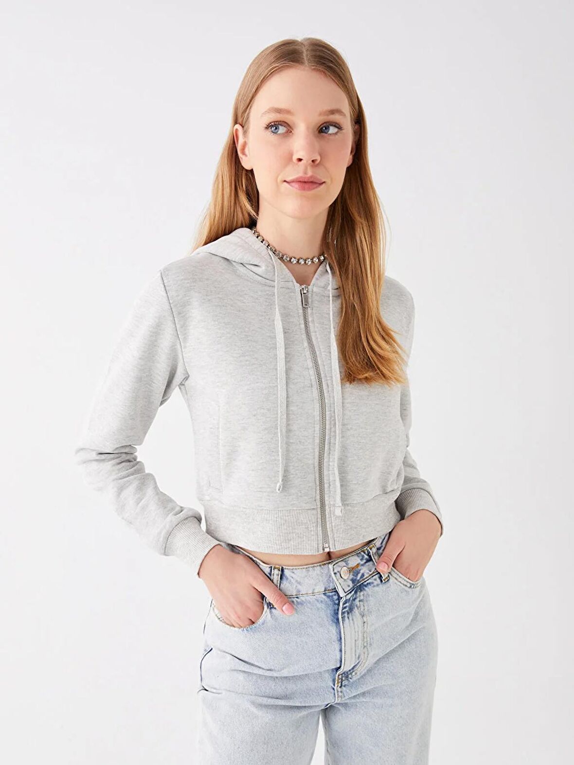 Kapüşonlu Düz Uzun Kollu Crop Kadın Fermuarlı Sweatshirt