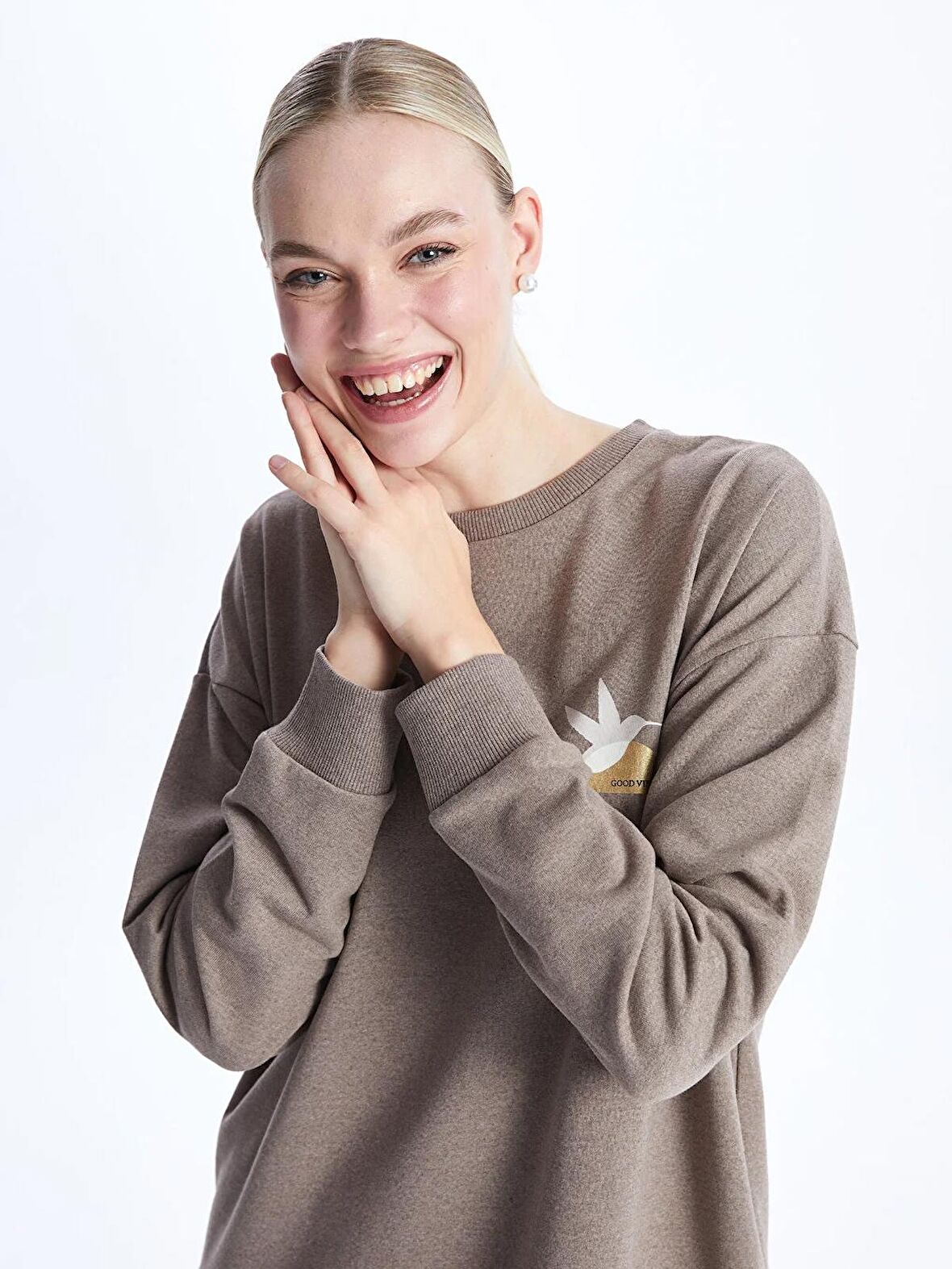Bisiklet Yaka Baskılı Uzun Kollu Oversize Kadın Sweatshirt