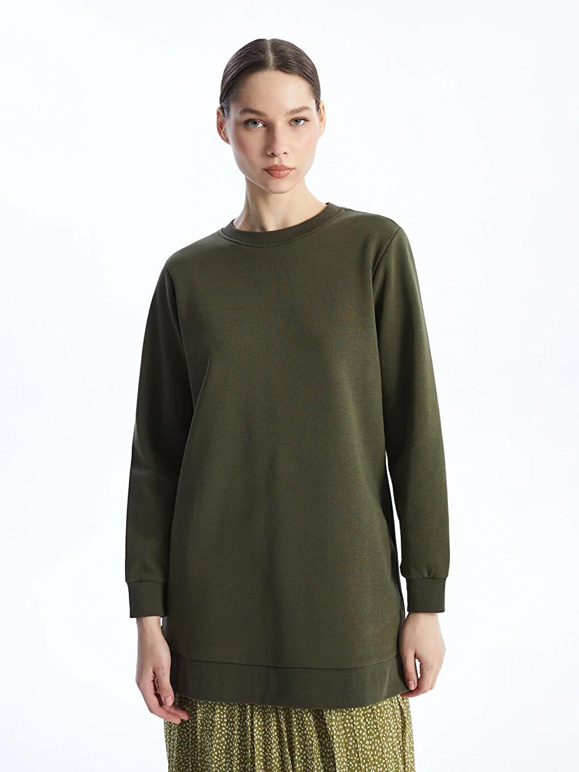 Bisiklet Yaka Düz Uzun Kollu Kadın Sweatshirt Tunik