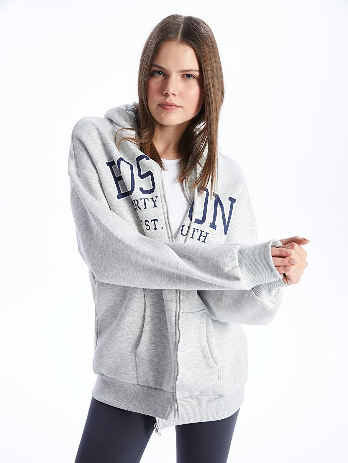 Kapüşonlu Baskılı Uzun Kollu Oversize Kadın Fermuarlı Sweatshirt