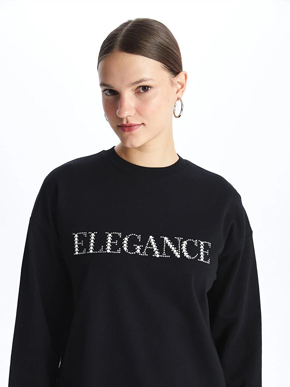 Bisiklet Yaka Parlak Taş Baskılı Uzun Kollu Kadın Sweatshirt Tunik