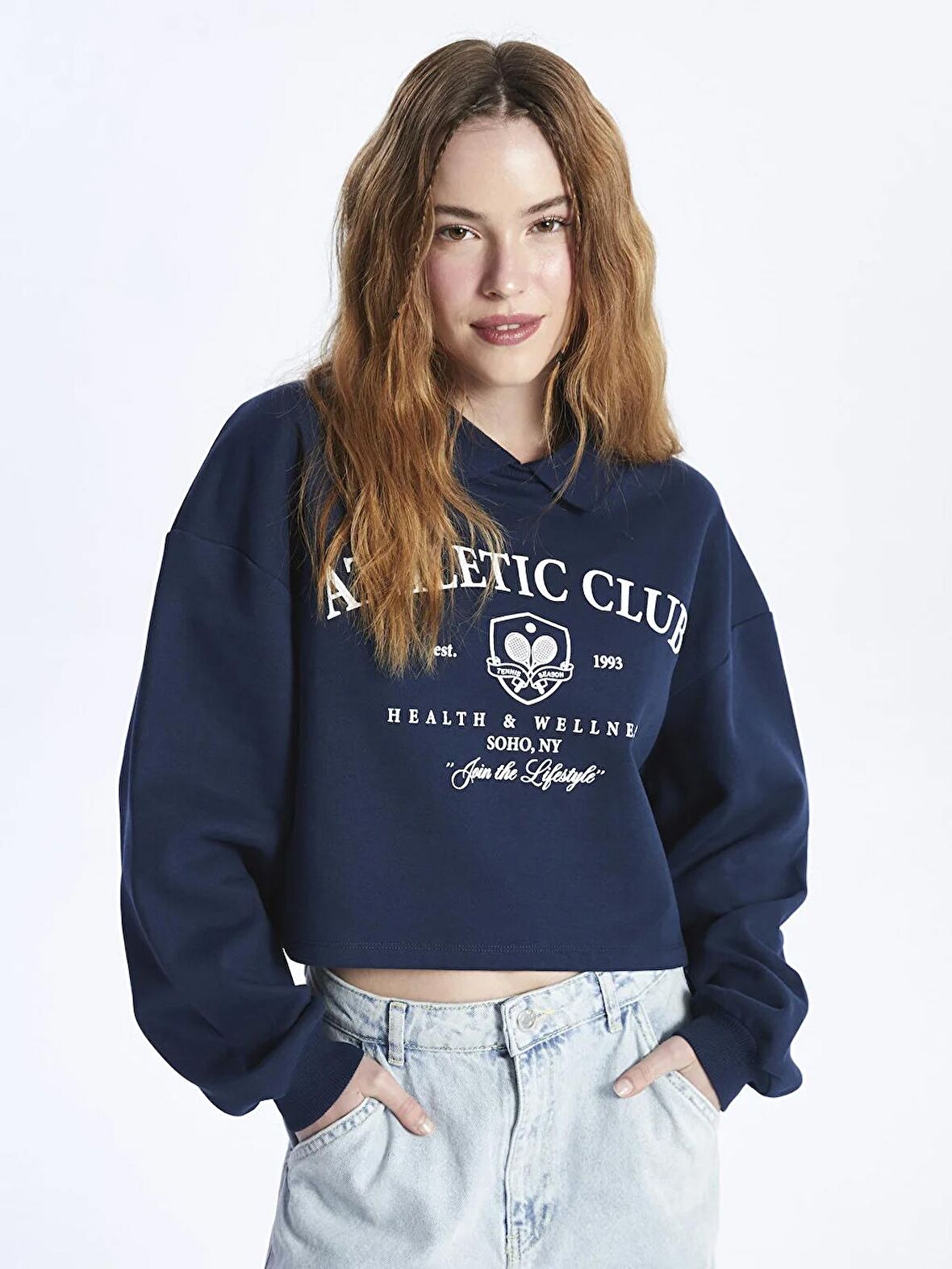 Polo Yaka Baskılı Uzun Kollu Oversize Kadın Sweatshirt