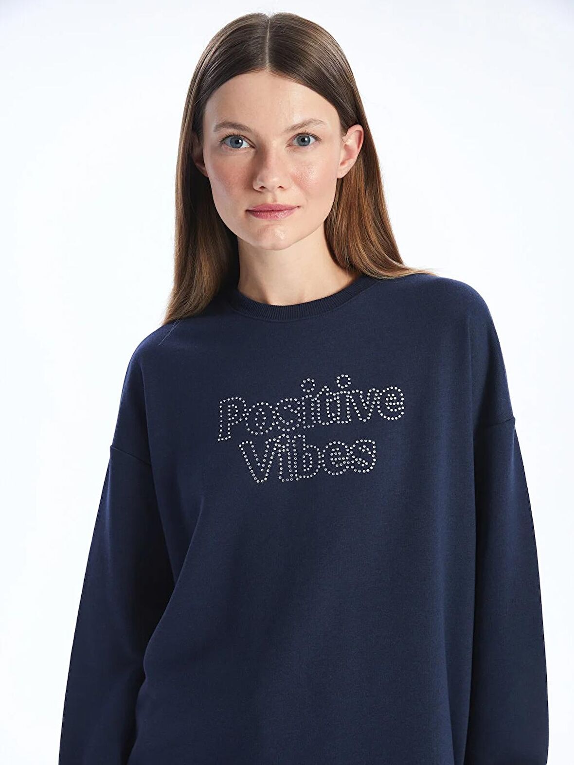 Bisiklet Yaka Taş Baskılı Uzun Kollu Oversize Kadın Sweatshirt Tunik
