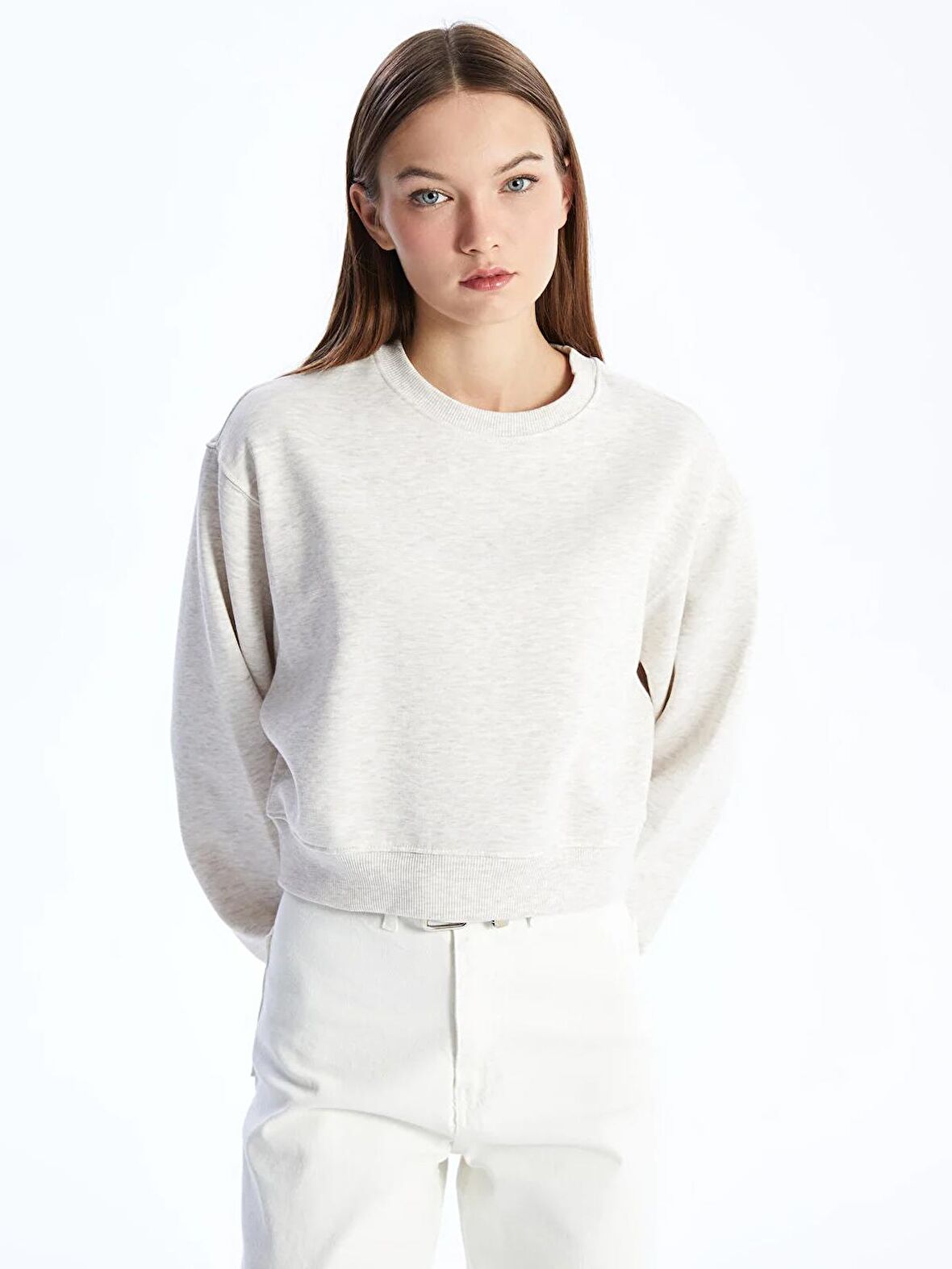 Bisiklet Yaka Düz Uzun Kollu Crop Kadın Sweatshirt