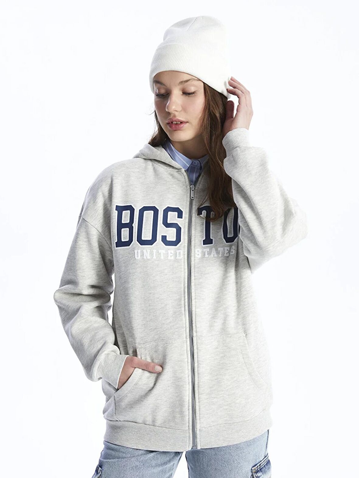 Kapüşonlu Baskılı Uzun Kollu Oversize Kadın Fermuarlı Sweatshirt
