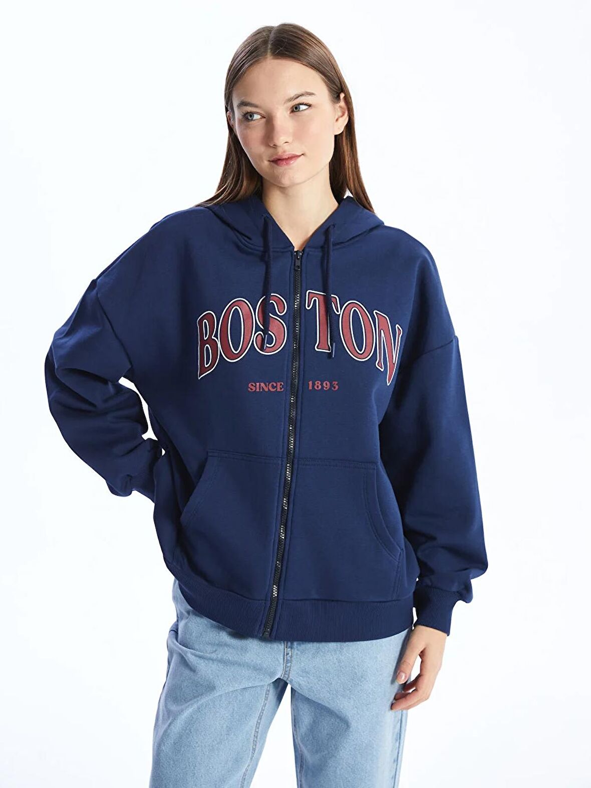 Kapüşonlu Baskılı Uzun Kollu Oversize Kadın Fermuarlı Sweatshirt