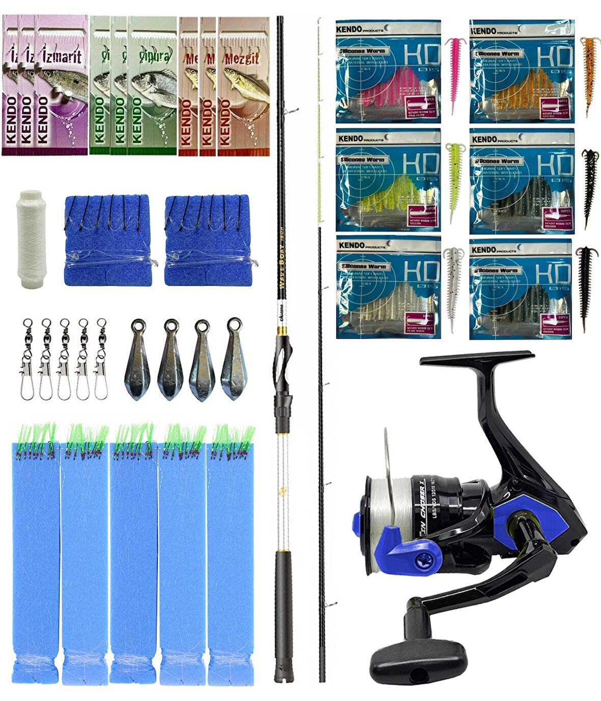 Yek Outdoor Hazır Tekne Oltası Seti Okuma Wave Boat 180H 2 Parça Tekne Kamışı&Okuma Fin Chaser X FNX-60BL Blue 1BB Olta Makinesi