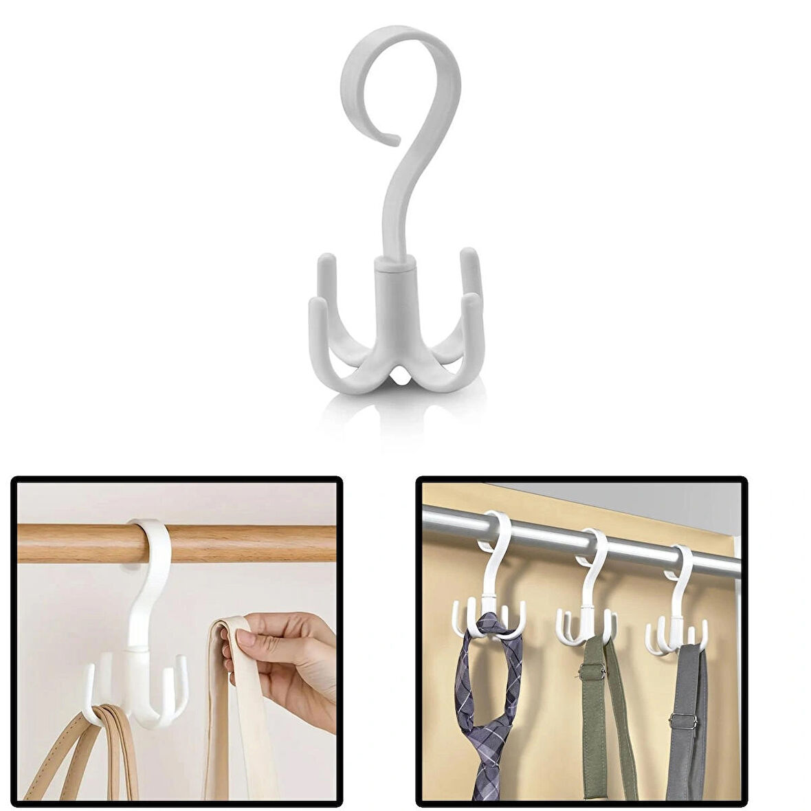 Microcase Çok Amaçlı 4 Askılı 360° Döner Başlıklı Eşya Çanta Kıyafet Tutucu Askılık - AL4761  Beyaz 1 Adet