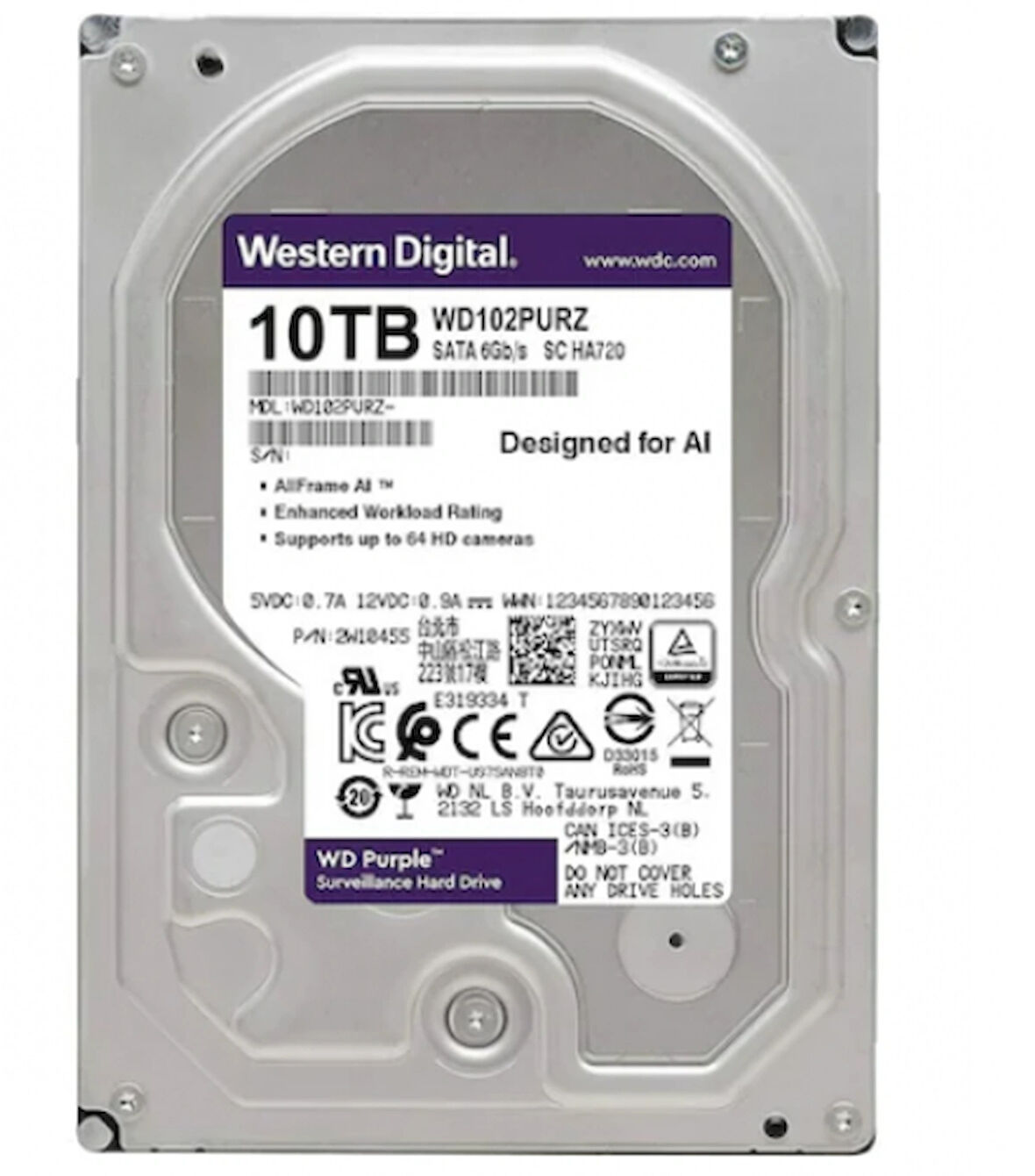 Western Digital Purple 10 TB WD102PURZ 7200 RPM SATA 3 3.5" Harddisk