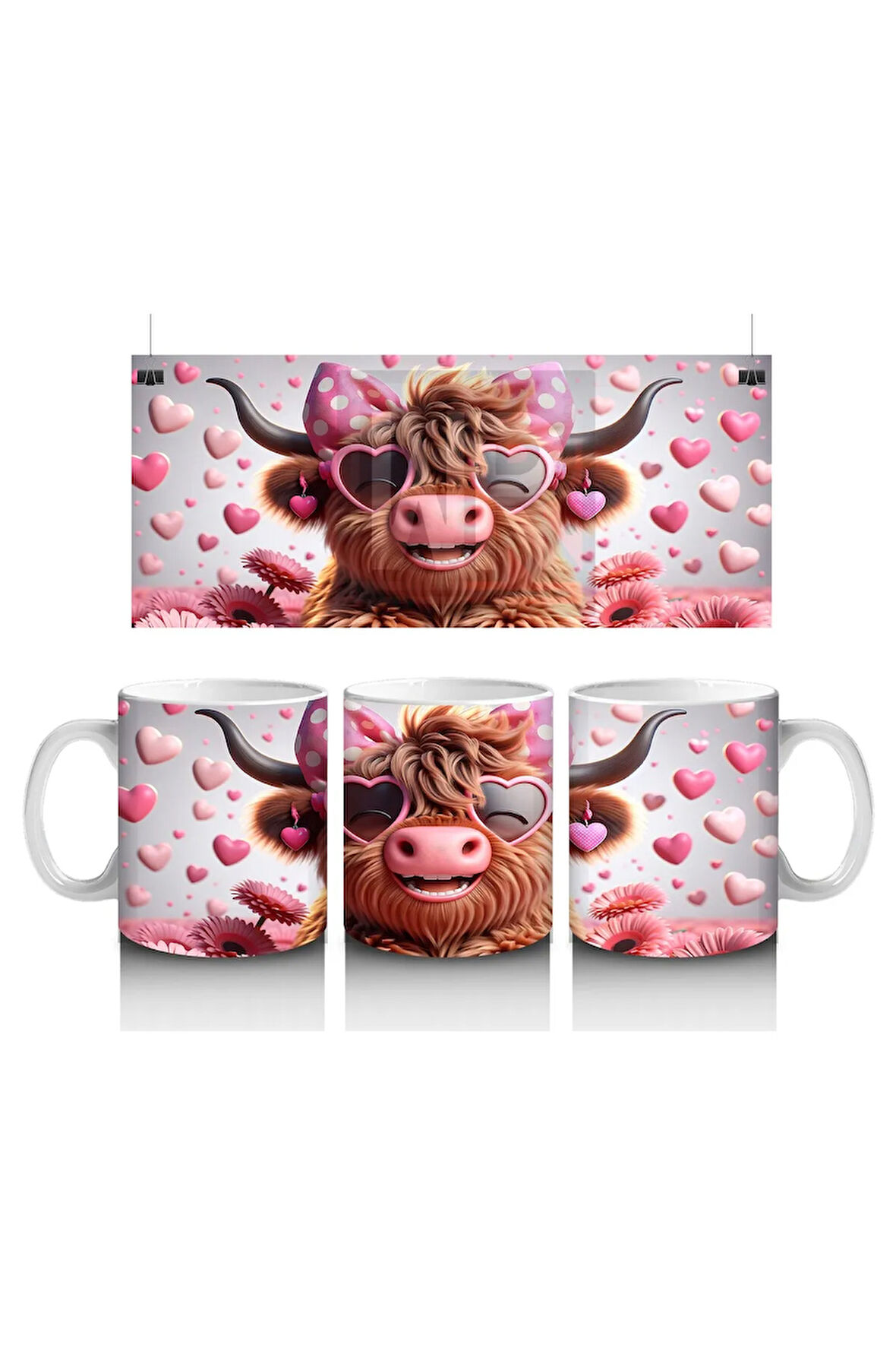 Çocuklara Sütü Sevdiren Pembe Kurdeleli Kalpli Gözlüklü İnek Desenli Kupa Bardak