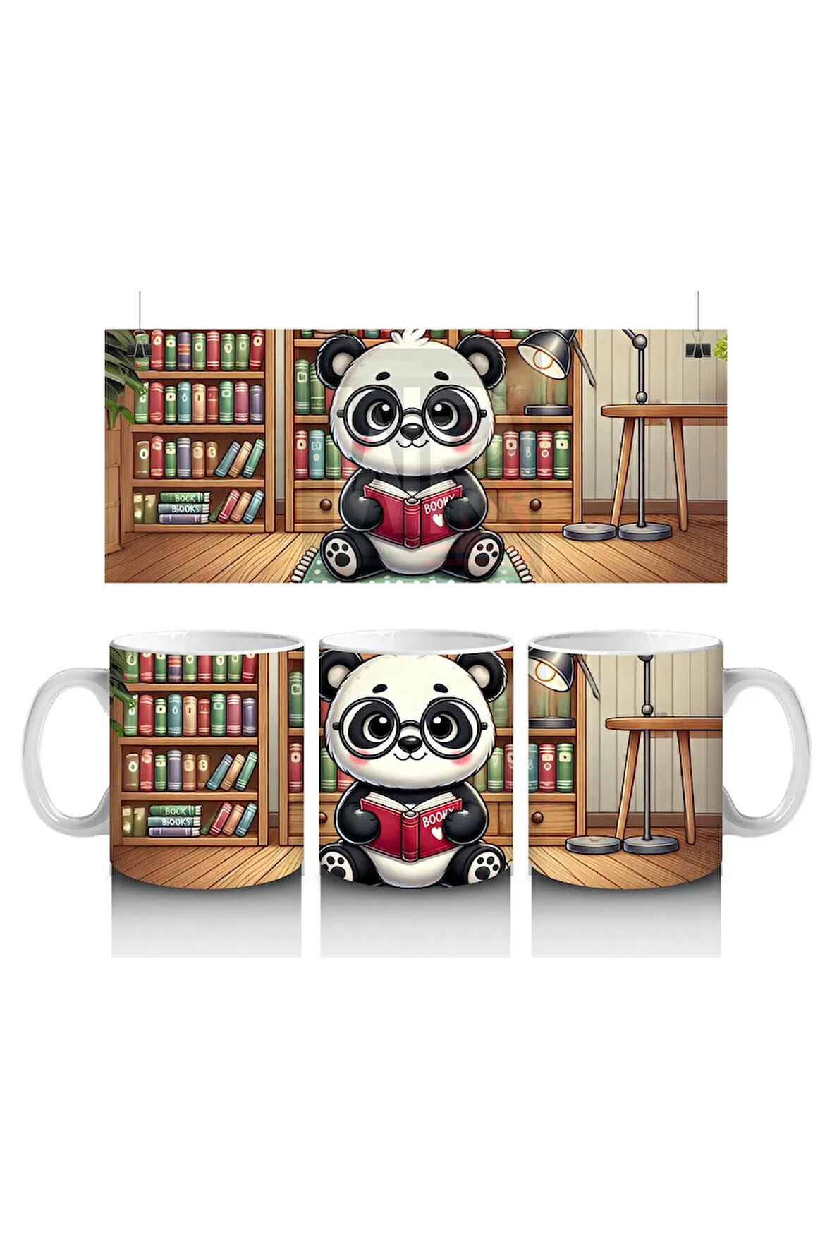 Çocuklara Sütü Sevdiren Kitap Okuyan Sevimli Panda Desenli Kupa Bardak