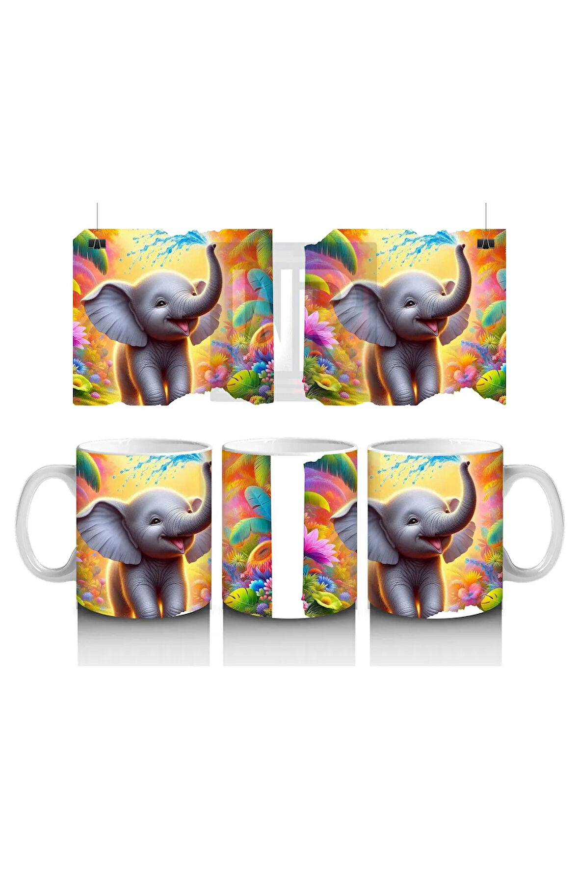 Çocuklara Sütü Sevdiren Rengârenk Arka Planlı Sevimli Fil Desenli Kupa Bardak