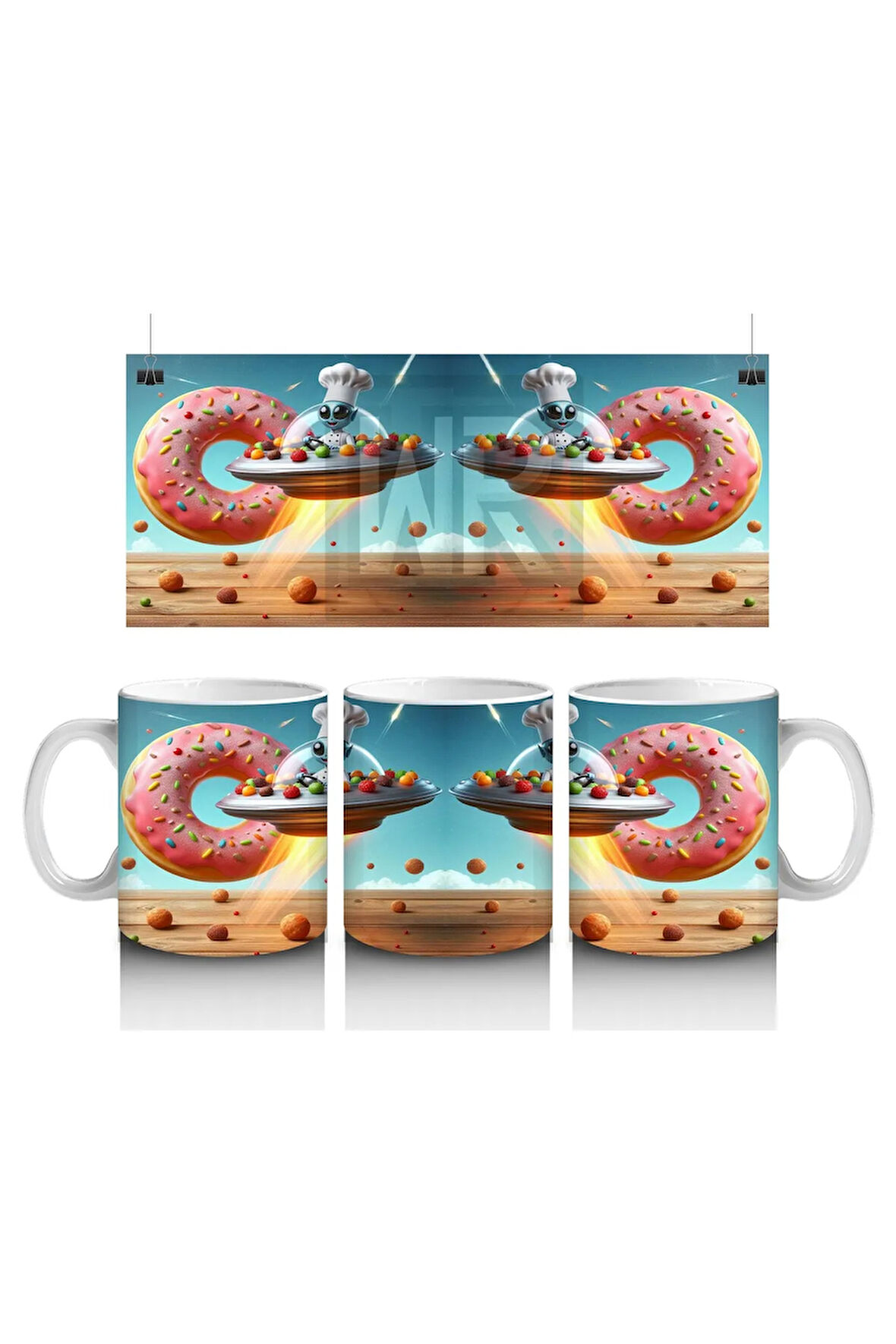 Çocuklara Sütü Sevdiren Uçan Donut ve Şef Fareli Uzay Gemisi Desenli Kupa Bardak