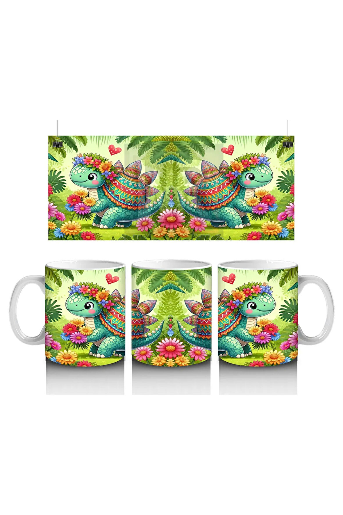 Çocuklara Sütü Sevdiren Çiçekli Kalpli Sevimli Dinozor Desenli Kupa Bardak