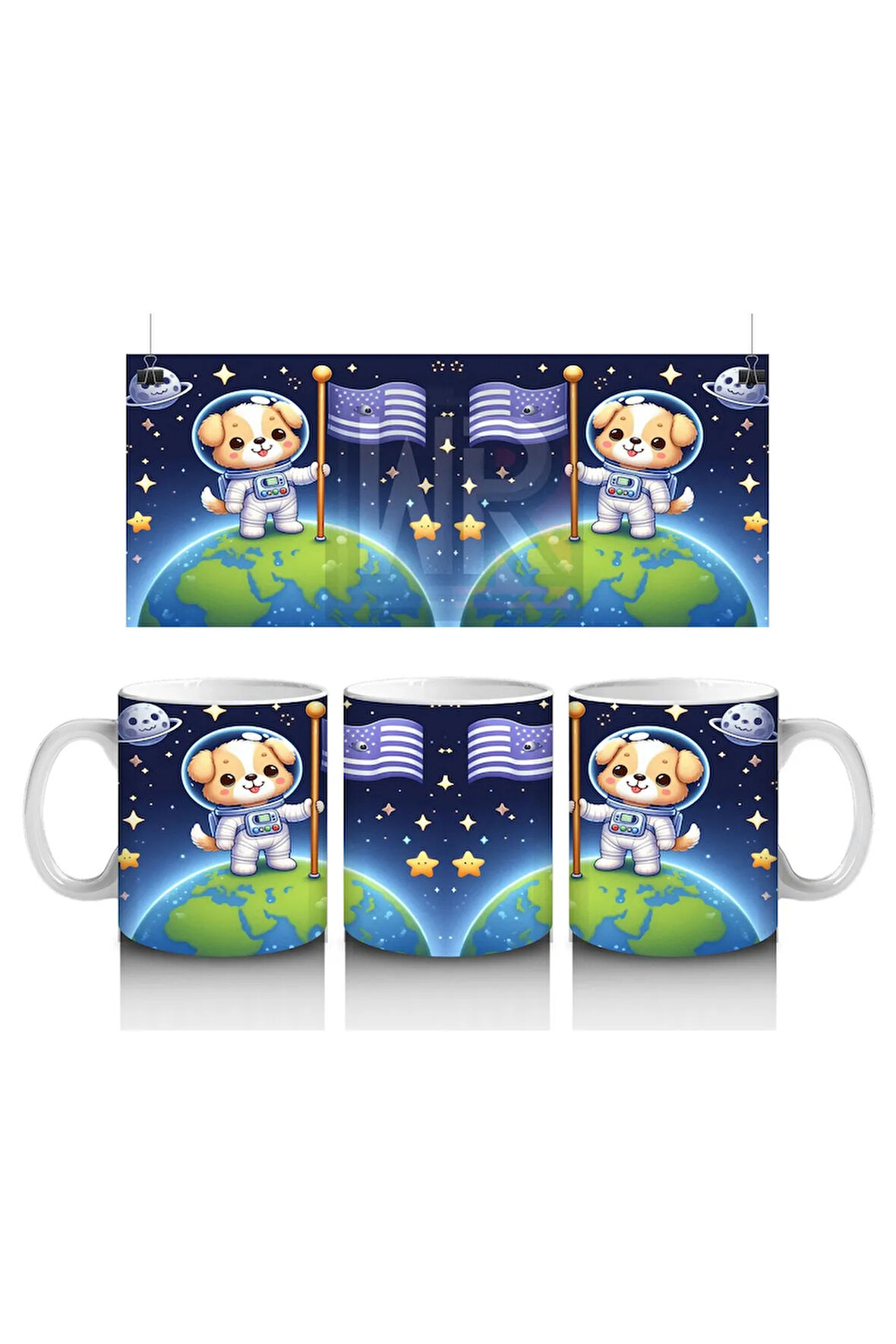 Çocuklara Sütü Sevdiren Dünyaya Bayrak Diken Astronot Köpek Desenli Kupa Bardak