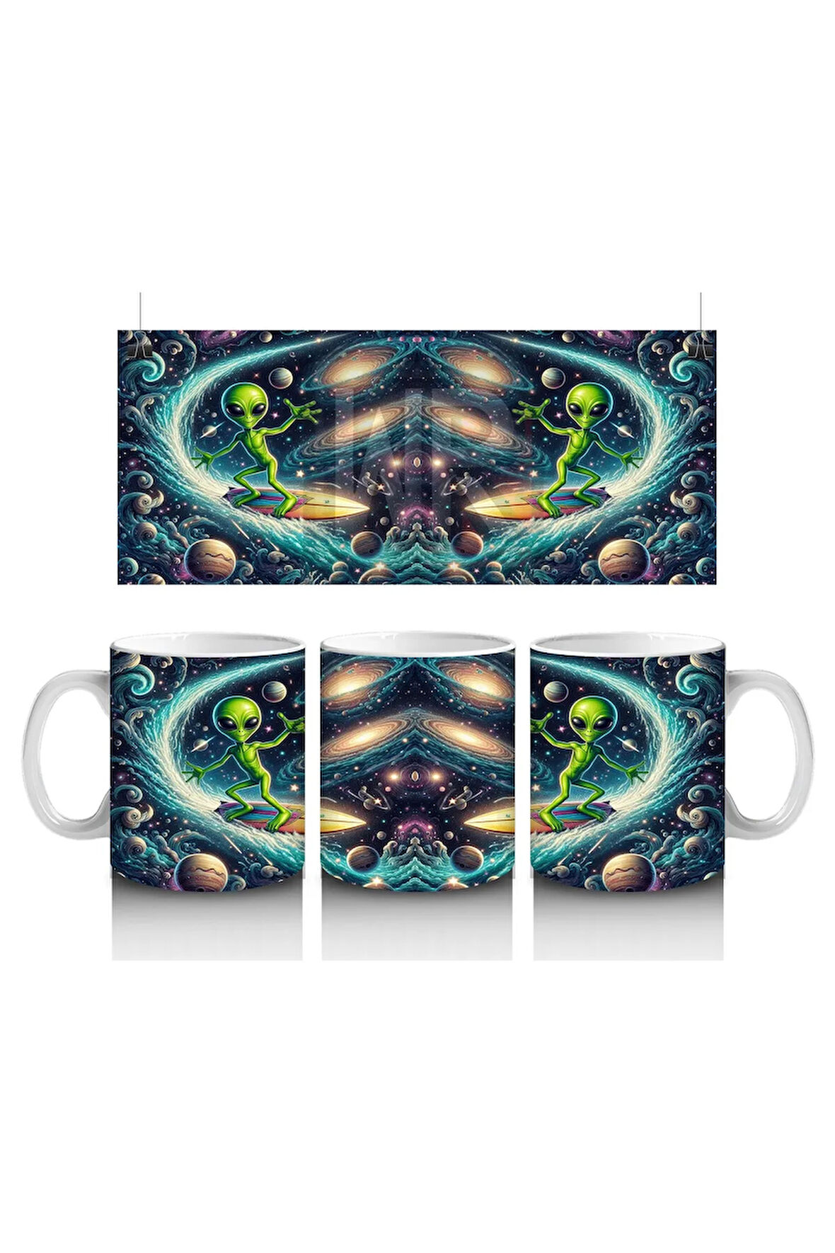 Çocuklara Sütü Sevdiren Uzayda Sörf Yapan Sevimli Uzaylı Desenli Kupa Bardak