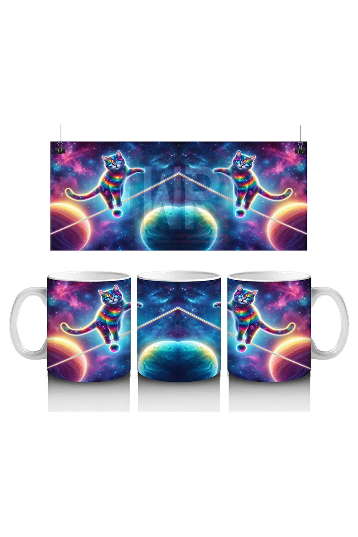 Çocuklara Sütü Sevdiren Uzayda İp Üstünde Yürüyen Gökkuşağı Kedisi Desenli Kupa Bardak