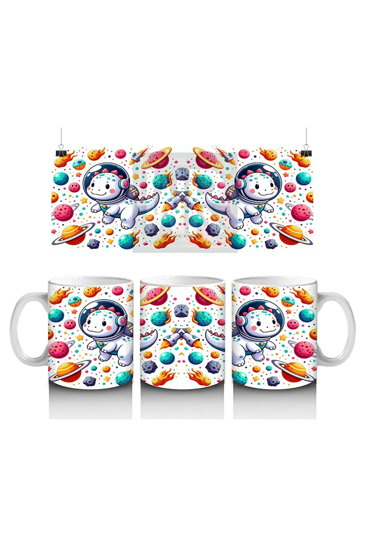 Çocuklara Sütü Sevdiren Astronot Kasklı Sevimli Dinozor Desenli Kupa Bardak