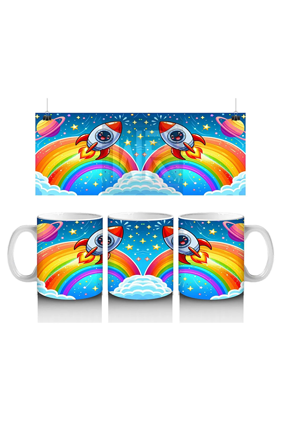 Çocuklara Sütü Sevdiren Gökkuşağı ve Roketli Uzay Macerası Desenli Kupa Bardak